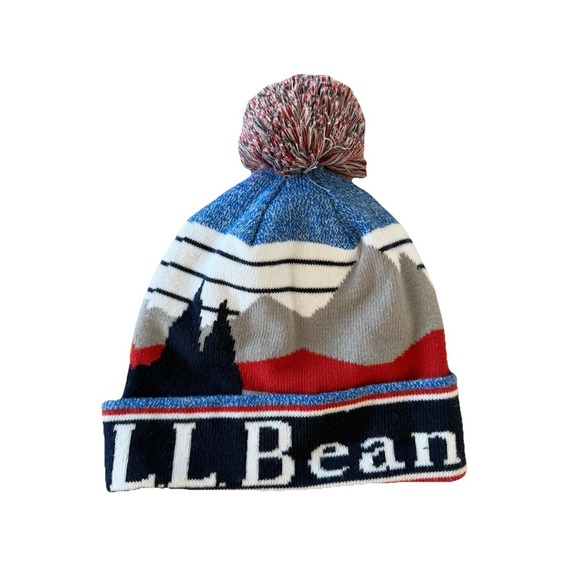 Vintage LL Bean Knit Beanie Pom Pom City Pattern Made USA Outdoors OS - Picture 2 of 3